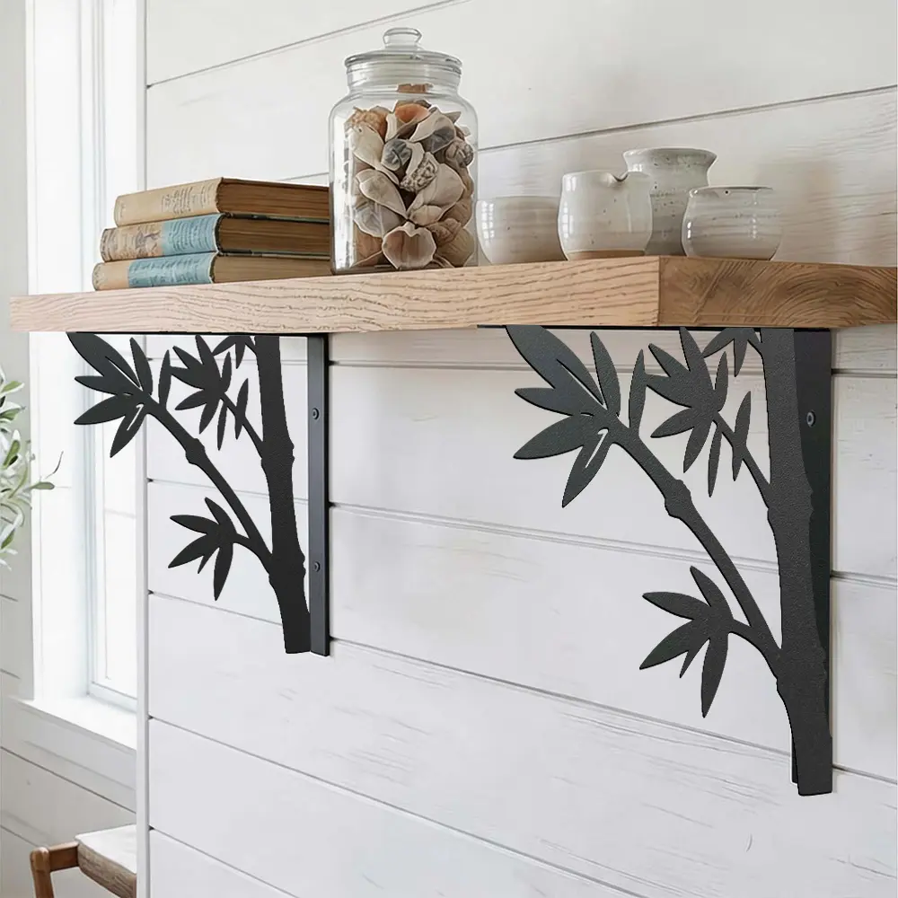 Bamboo Cutout Floating Shelf Brackets (Set of 2) — Sturdy, durable, and easy-to-install wall-mounted brackets featuring an Asian Zen aesthetic; suitable for storage and decorative display in kitchens, bathrooms, bedrooms, and balconies.
