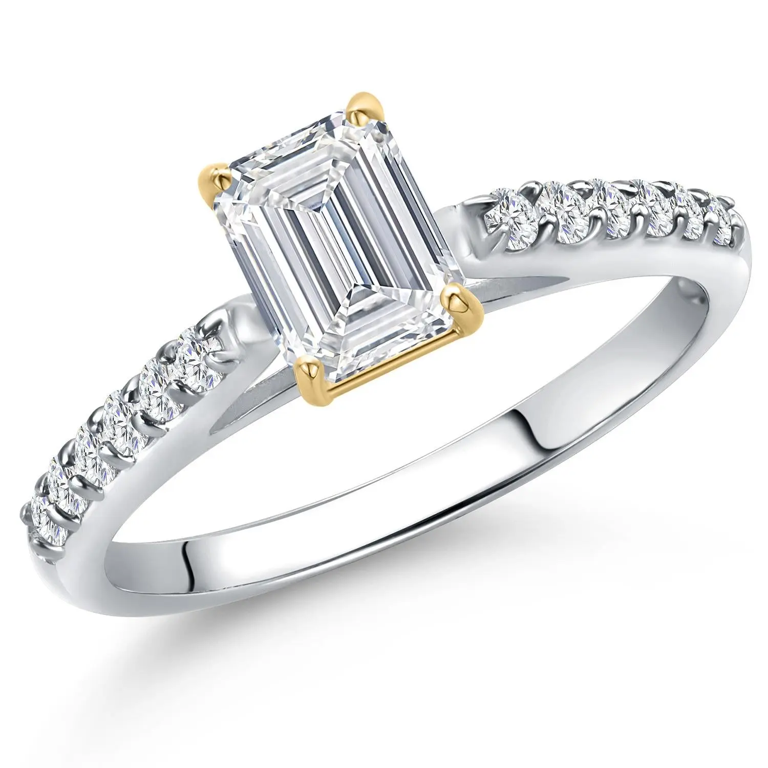 0.88 Cttw IGI Certified Lab Grown Diamond in 10K White and Yellow Gold Engagement Ring for Women | Emerald Cut Center Diamond 0.70 Ct | D-E Color | VS1-VS2 Clarity