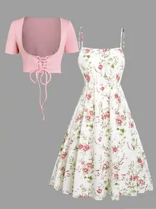 Women's Summer Dresses Floral Print Waisted Sleeveless Cami Dress And Solid Lace Up Short Sleeve Crop Top Set Fabric Fabric