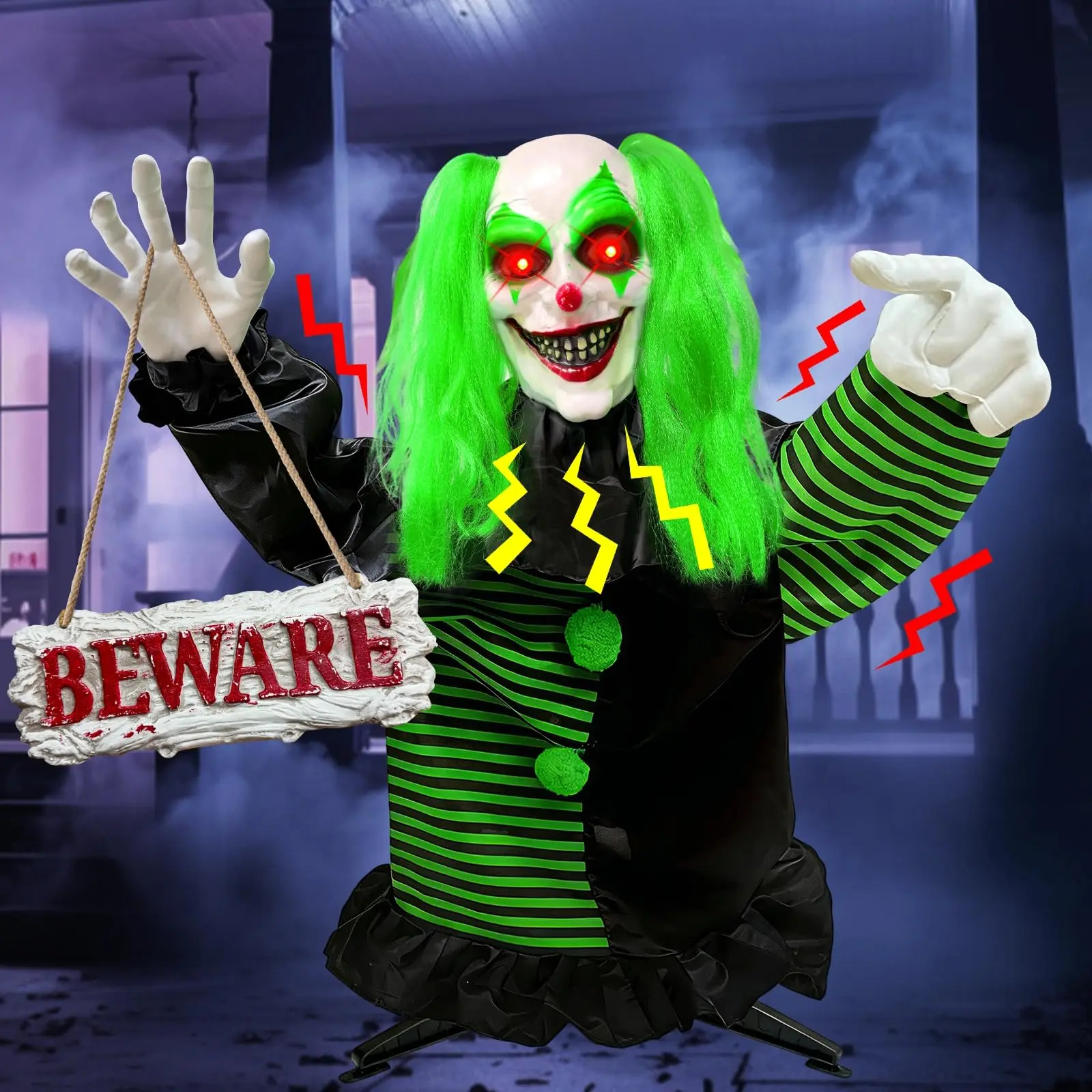 [Talking & Sound Activated] 3 Ft Halloween Animatronic Standing Scary Clown | Creepy Sound,Green Hair and Holding a "BEWARE" Sign Halloween Haunted House Props for Halloween Decorations Outdoor Indoor
