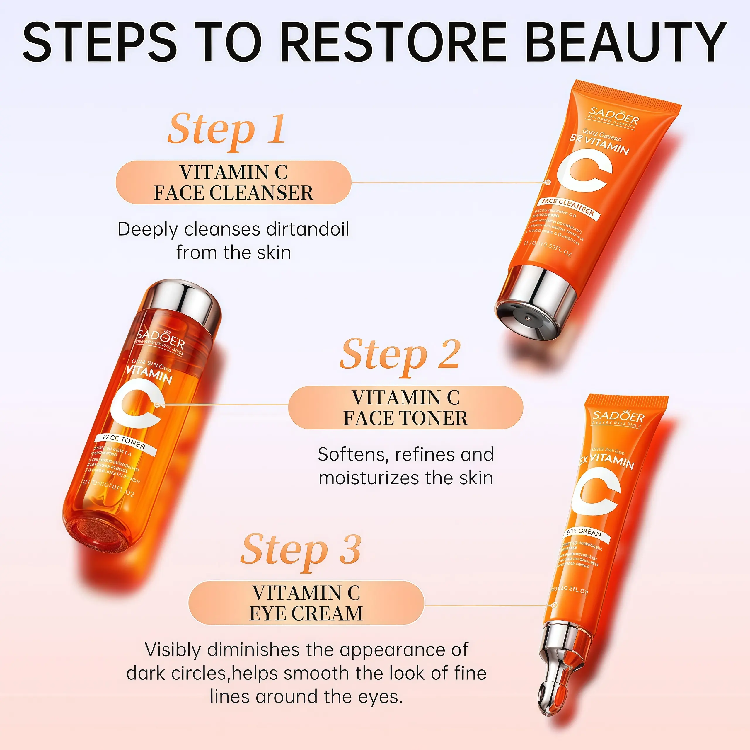 SADOER] 5X Vitamin C Skincare Set Hydrating Glowing Repairing Skin