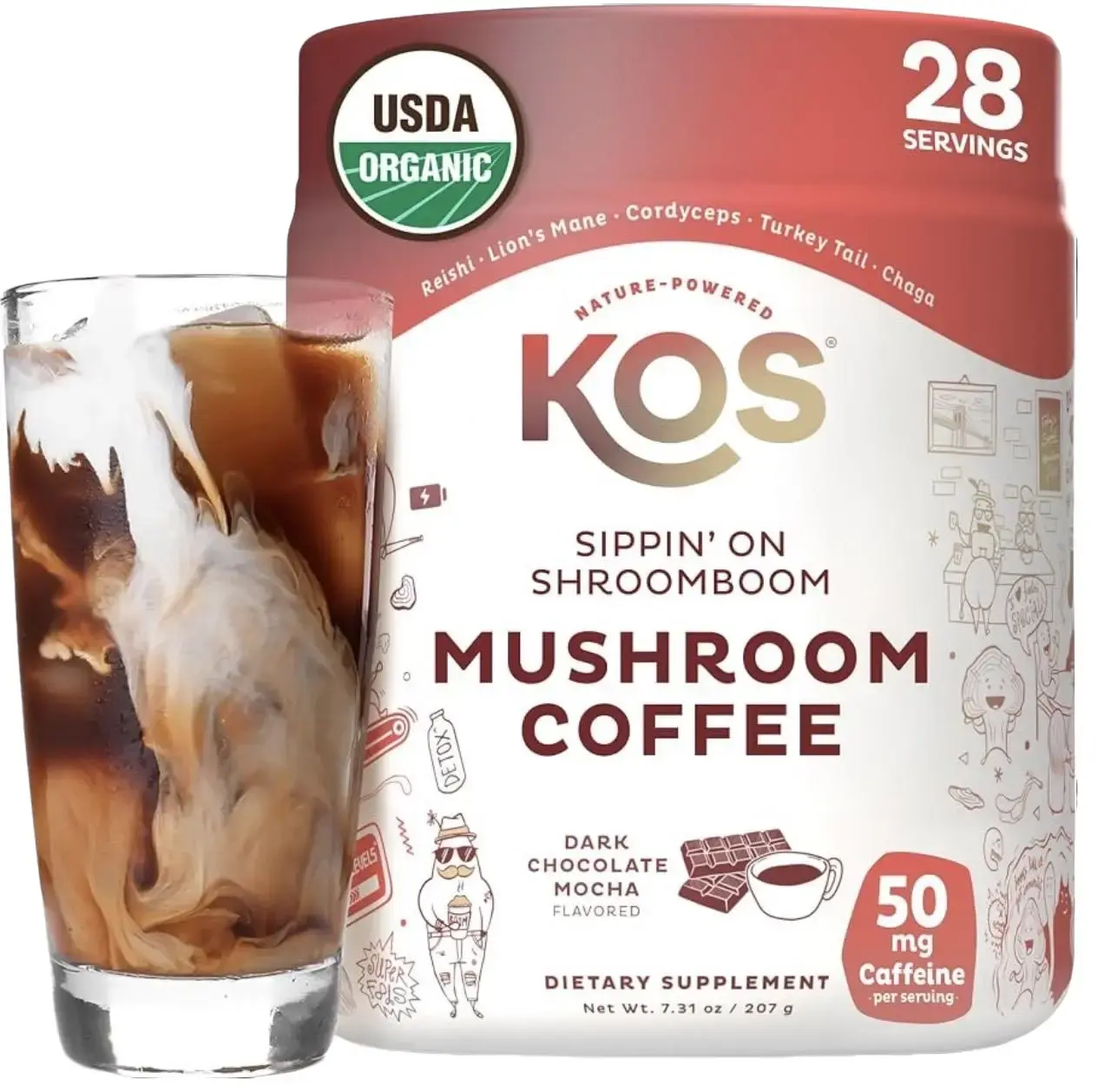 KOS Mushroom Coffee - USDA Certified Organic - Dark Chocolate Mocha Flavor - Mushroom Coffee Latte Powder with Reishi, Cordyceps, Lion's Mane, Chaga & Turkey Tail Mushrooms