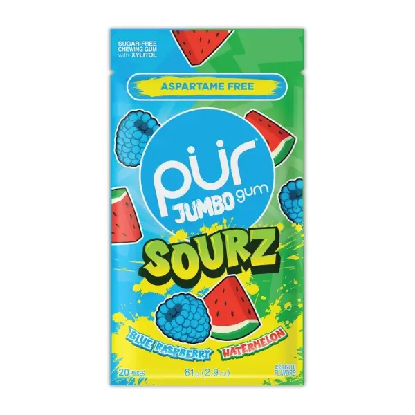 Jumbo Sourz Gum, Aspartame Free Chewing Gum, 100% Xylitol, Natural Flavor, Sour Blue Raspberry and Sour Watermelon, 20 Count