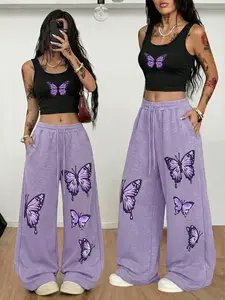 Women's Y2K Aesthetic Two-Piece Set, Slim-Fit Crop Top + Butterfly Print Wide Leg Pants, Casual Street Style for All Seasons