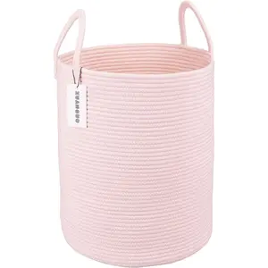 Large Cotton Rope Laundry Basket Hamper – Tall Woven Storage Bin with Handles for Clothes, Toys, Blankets, Nursery & Living Room – Light Pink , Room Decor For Girls,  XUANGUO