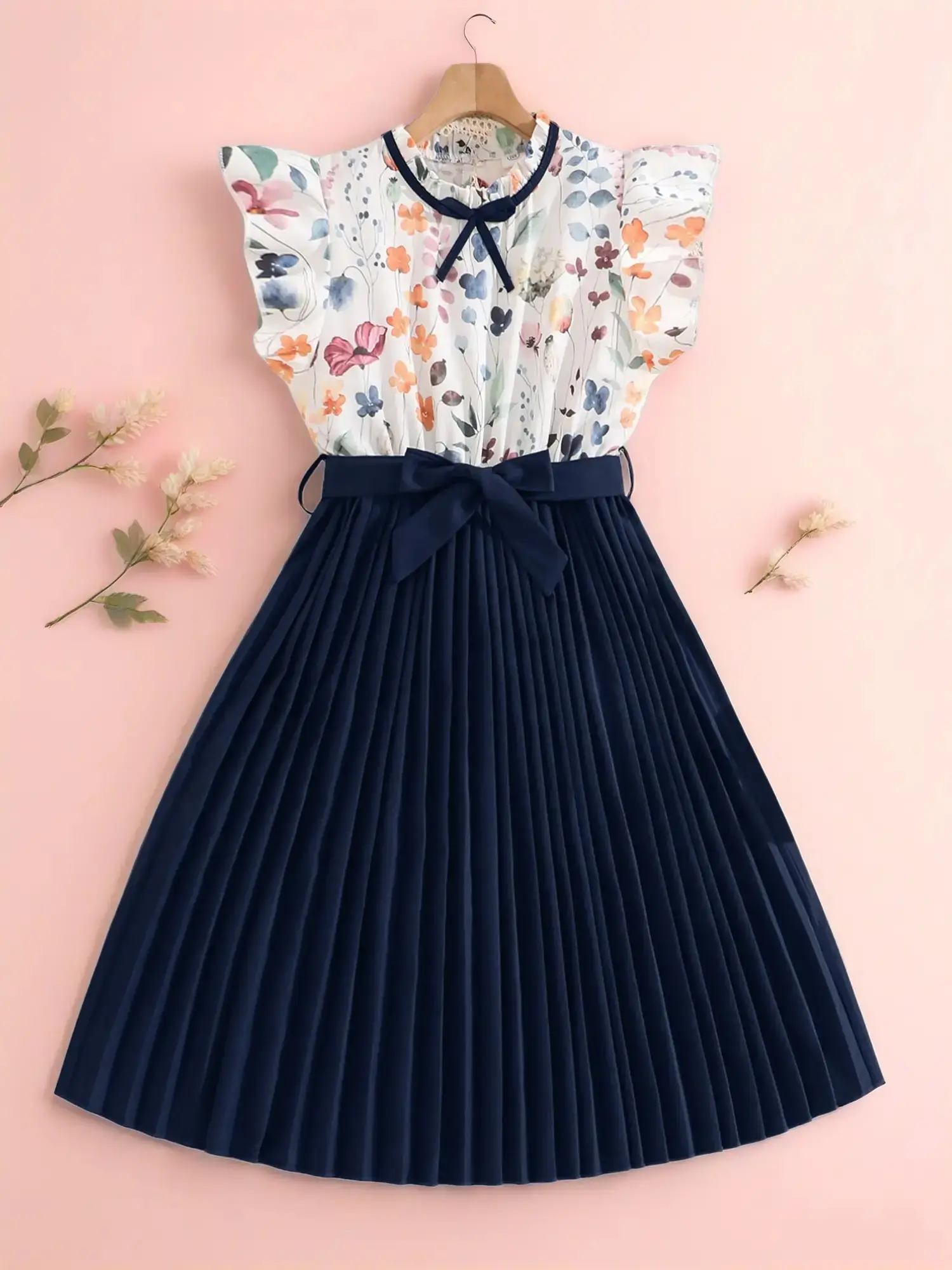 Girls' Floral Print Ruffle Dress with Adjustable Waistband, Elegant Bow Neck Design, Fashionable and Stylish, Perfect for Daily Wear, Printed Dress, Ditsy Floral Dress, Summer Dress