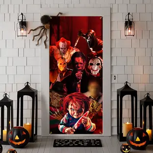 Halloween Horror Movie Character Banner Decoration 200cm x 90cm Polyester Fabric Wall Hanging with 20ft Hanging Rope for Halloween Party Decorations Indoor Outdoor Haunted House Supplies