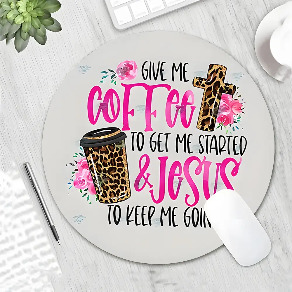 Coffee and Jesus Leopard Print Design Lettering Round Gaming Mouse Pad, Desktop Decorative Protective Pad, Rubber Anti-slip Lockedge Work Pad, Non Slip Mousepad, Small Size for Laptop, Desktop Games, Work, Family, Desk Accessories, Computer Mouse Pad