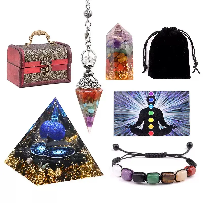 Chakra Healing Crystals Set - 4 in 1 : Natural Stones Chakra Bracelet, 7 Chakra Tower, Lapis Lazuli Pyramid & Seven Chakra Pendulum - in Wooden Chest for Therapeutic Wellness