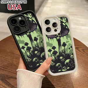 Mushroom Skull Pattern TPU Phone Case for iPhone 16 15 14 Pro Max 13 12 11 XR XS Plus Shockproof Drop Protective Rugged Durable Silicone Cover