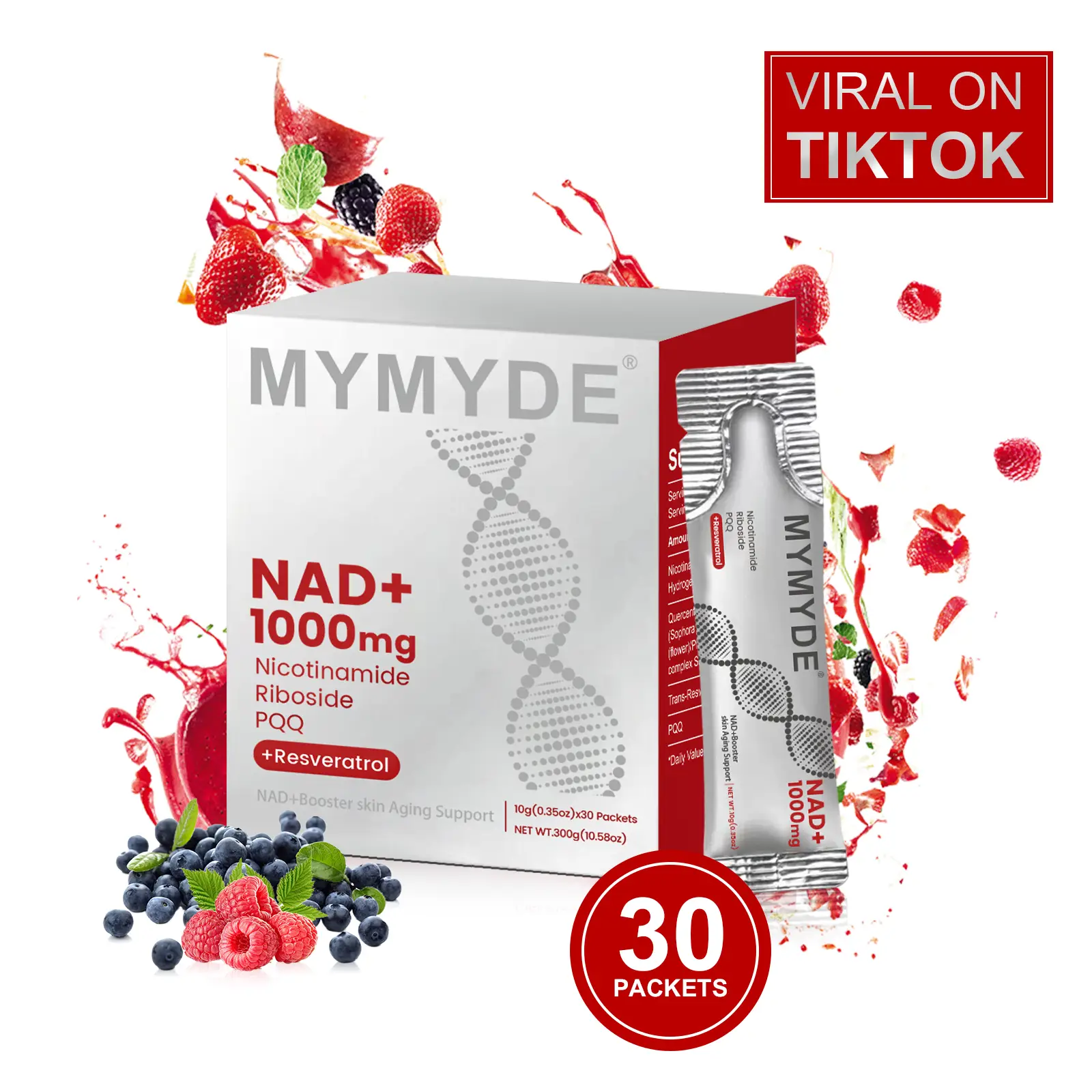 MYMYDE NR1000 - NAD+ Berry Flavor Drink Mix 30 Pack for Skin Aging Support Energy and Focus 100g No Sugar Added Vitamin Healthcare Fitness Supplement