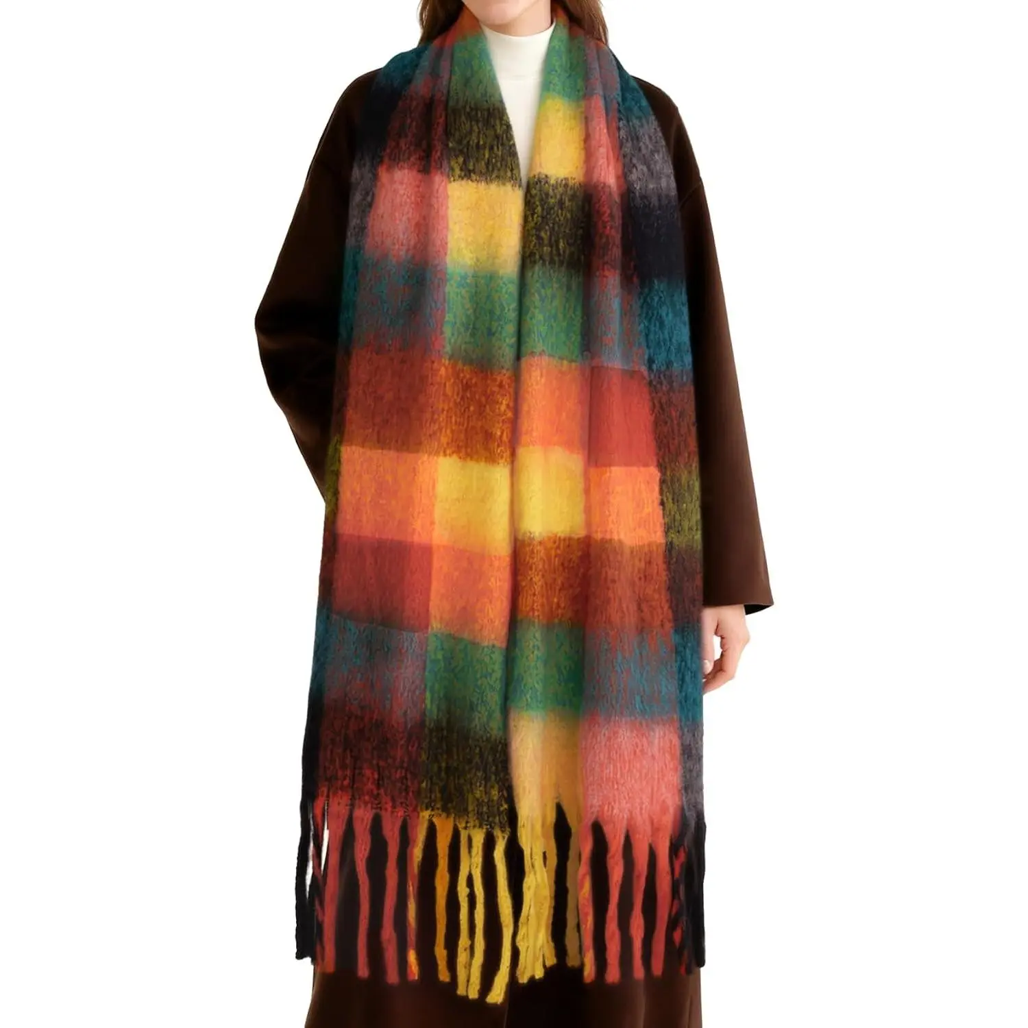 Womens Winter Scarf Chunky Oversized Plaid Thick Blanket Scarf Big Coloured Warm Shawl Wrap