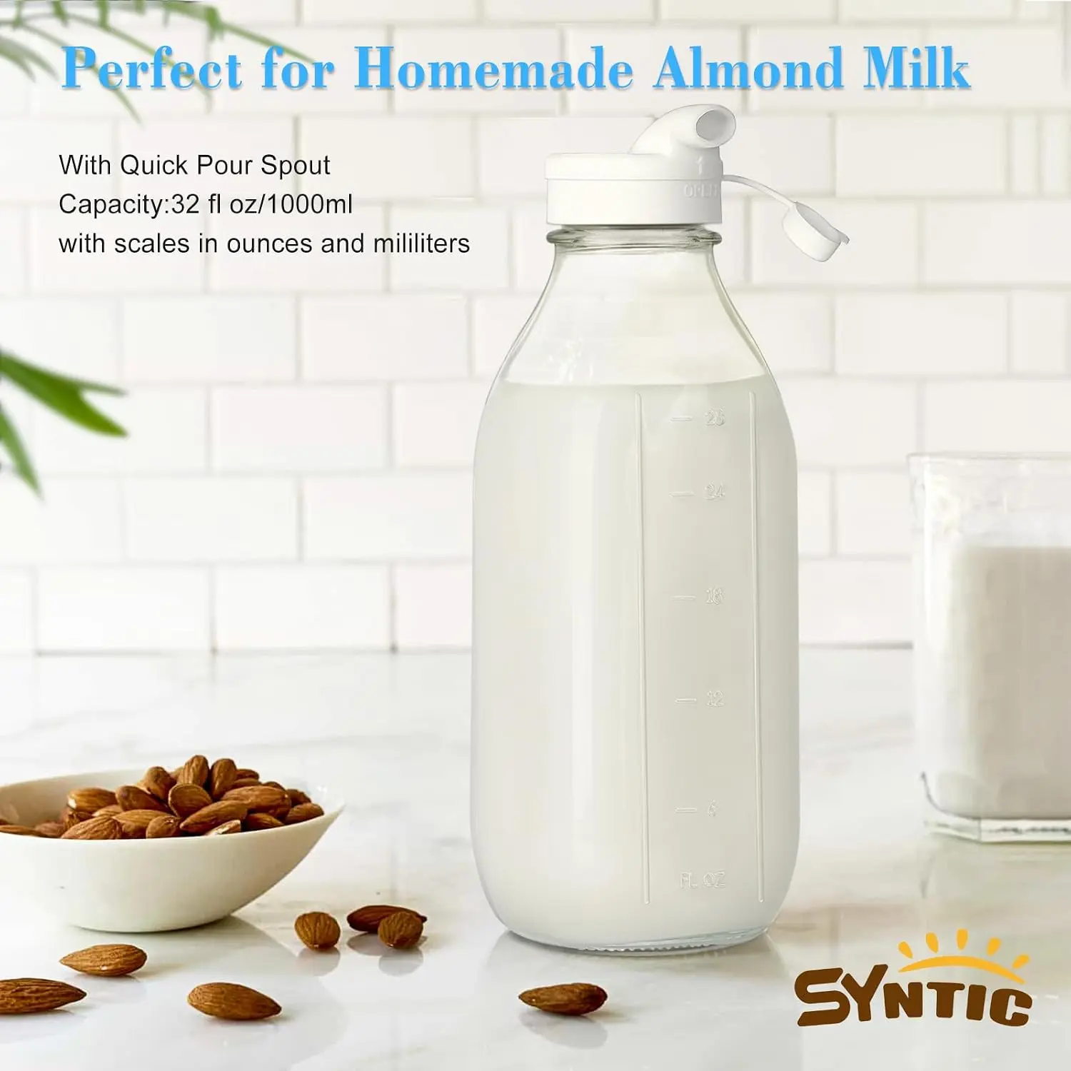 Syntic 32 Oz Glass Milk Bottle with Airtight Lid,Scale Marks,Extra Lid | Includes Reusable Screw Lid,Marker Pen and Wide Mouth for Glass Juice Bottle,Homemade Juice,Refrigerator Storage & Smoothies