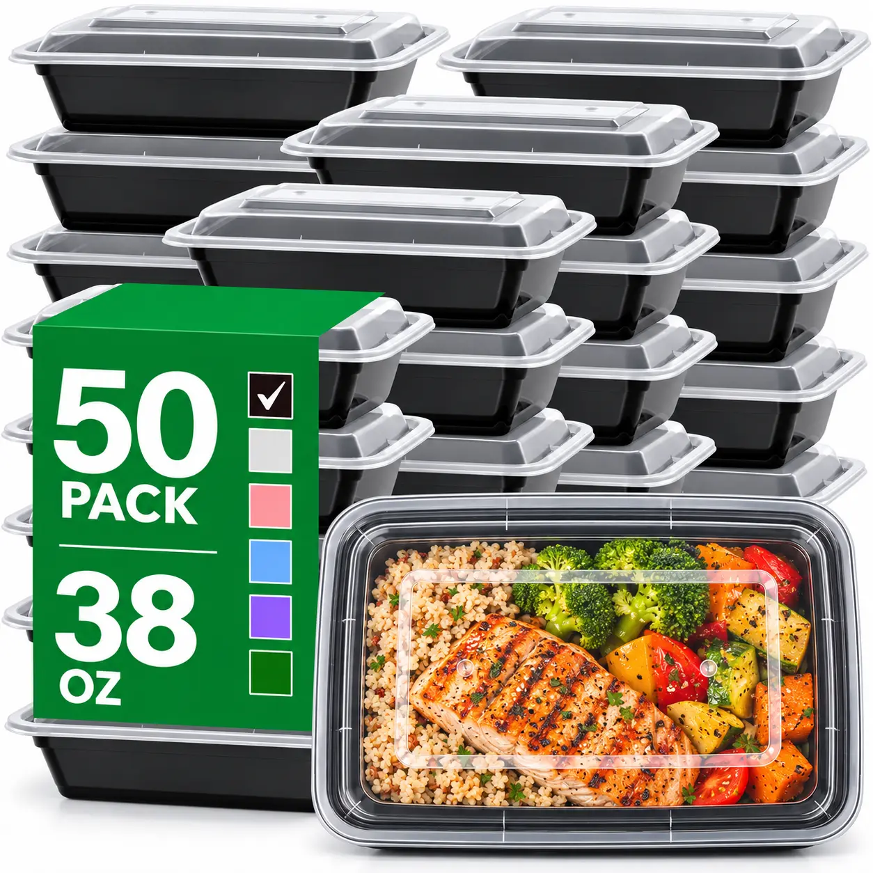 50 Pack (100-Piece) 38/32/28 oz Meal Prep Containers with Easy Open Lids, Black