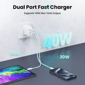 40W 2 Ports USB-C Type-C GaN Fast Charger with Charging Light 3.3Ft Type-C Cable for iPhone QC PD 3.0 Dual Port Fast Charging Solution
