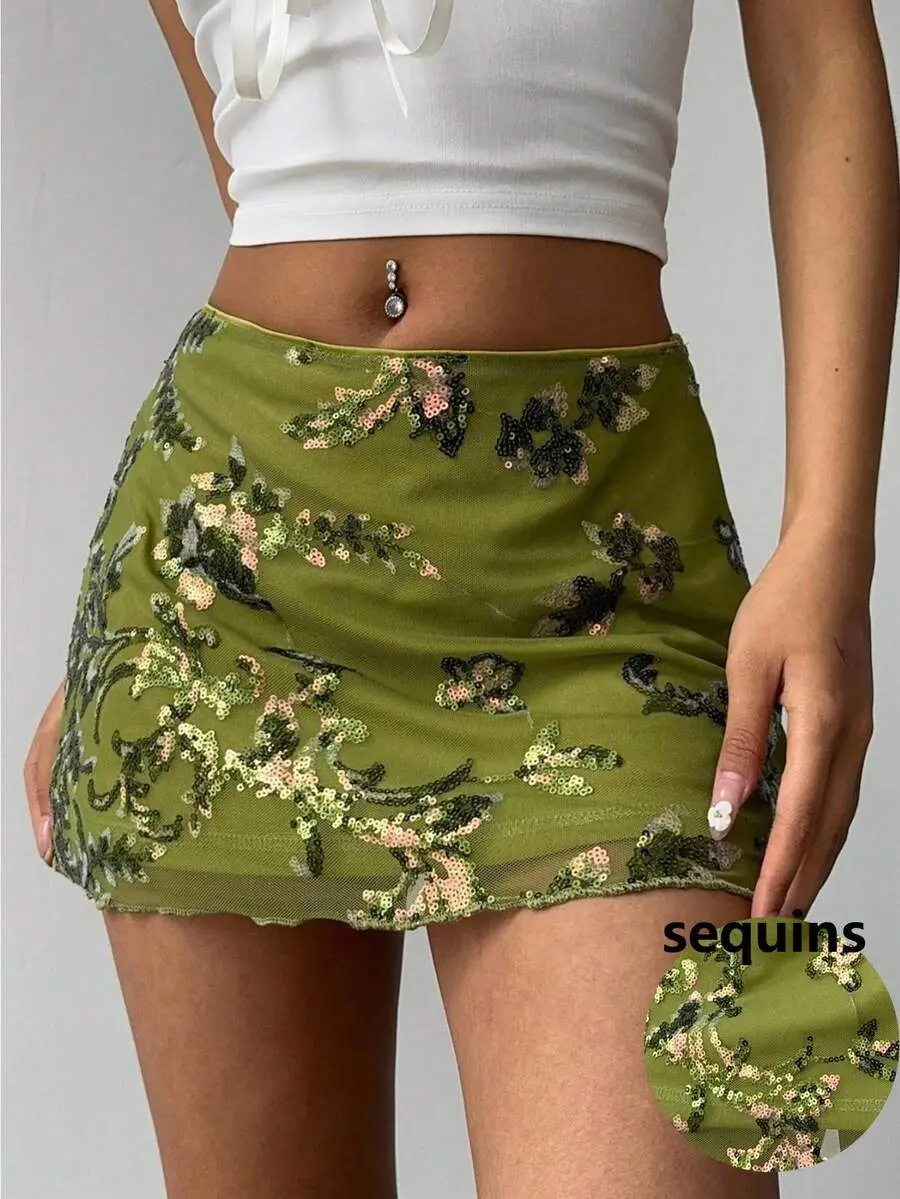 Aloruh Green Floral Summer Hot Sexy Chic Night Sequin Embroidered Mini Skirt,Y2K Fashionable Women's Date Night Party Concert Country Concert Carnival