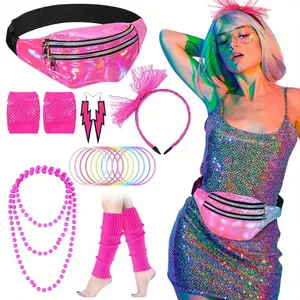 19PCS 80s Costume Accessories Holographic Belt Bag Leg Warmers Lace Headband Earrings Gloves Necklace Bracelet, Best for Christmas