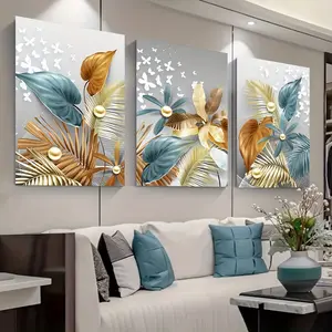 3-Piece Set of Gold Leaf and Butterfly Wall Art - Bohemian Style Wrapped Canvas, Wooden Frame, Earth Tones with Metal Embellishments, Living Room Bedroom Wedding Reception Decoration, Ready to Hang, Durable 2D Flat Painting Gift Hanging Print Ornaments
