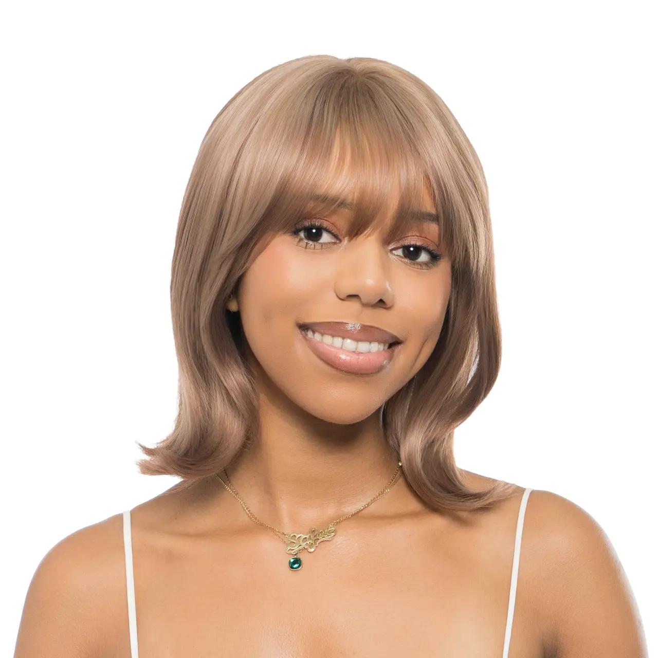 10-Inch Sunkissed Strawberry Mauve Silk (Soft Golden Brown Tones, Pink Tones) Lightly Layered Subtly Wavy w/ Flicked Ends Synthetic Wig | 【Heat Resistant】【Cap Included】 | #1 53FSGA