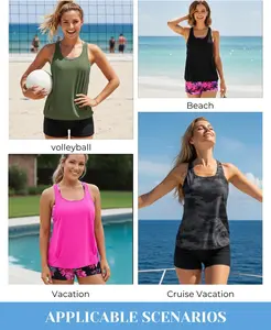 Aqua Eve 3 Piece Tankini Swimsuit for Women Tank Bathing Suit with Shorts Open Back Athletic Swimwear