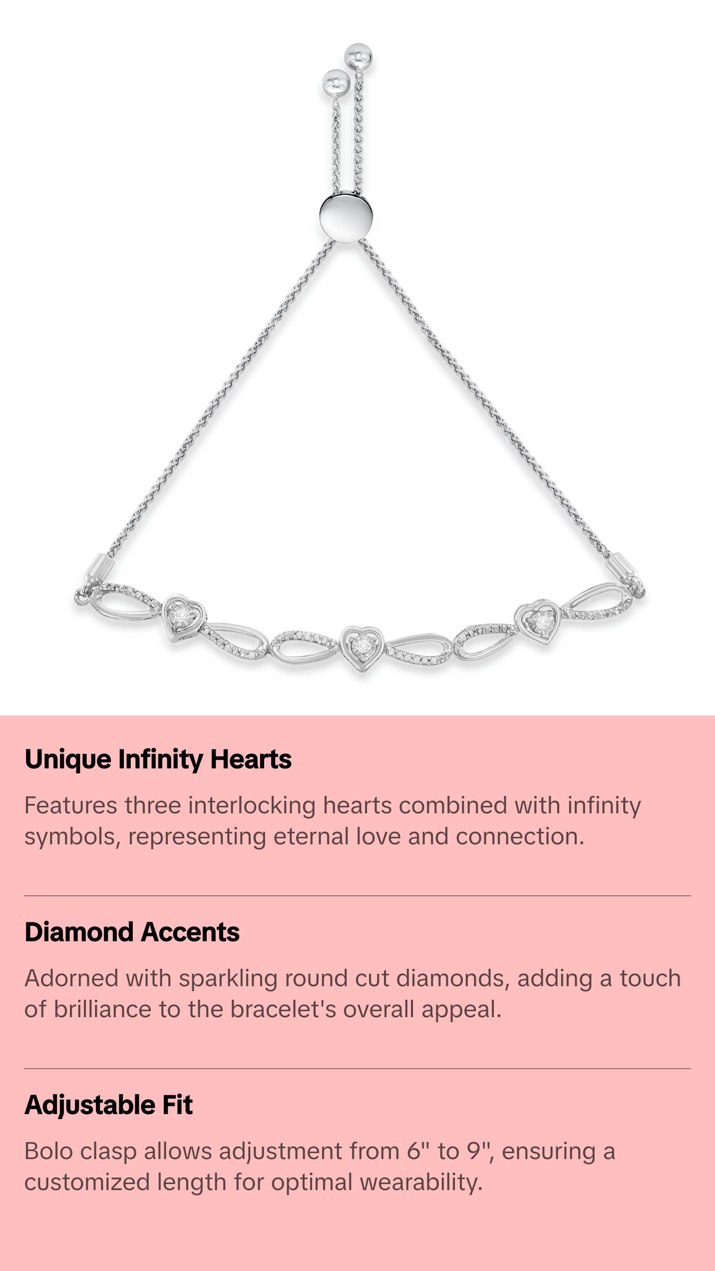 .925 Sterling Silver Diamond Accent Heart and Infinity 4”-10” Adjustable Bolo Bracelet (I-J Color, I3 Clarity)