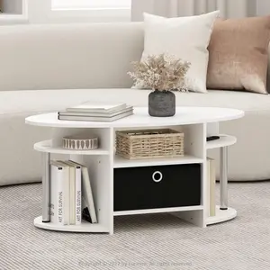 Simple Oval Coffee Table with Storage Bin – Modern White Oak & Chrome Design for   – Sleek & Functional room living furniture