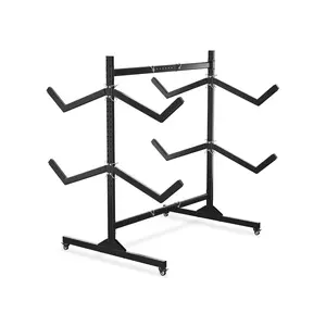 Freestanding Heavy-Duty Kayak Storage Rack for 4 Kayaks, Canoes, or SUPs, Adjustable Width Organizer with Lockable Movable Wheels, Double-Sided Double Layer Design, Outdoor or Garage