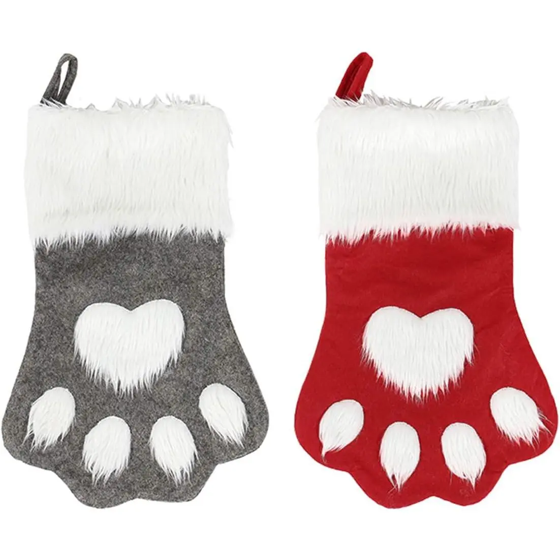 Super Soft Large 18" Plush Dog-Cat Christmas Stockings - Cute Paw Print Toys, 2-Pack Flannelette Hanging Socks for Holiday Decor (Sports & Outdoor Accessories), Decoration, Fluffy, Ornaments, Holiday Plush Ornaments, 2-Pack/Grey+Red, Large/18In