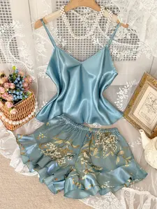 Women's V-Neck Adjustable Strap Sleepwear Set, Casual Pure Color Top & Pleated Cherry Print Shorts, Comfortable Nightwear