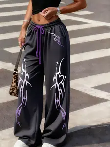 Street Dance Print Sweatpants, Sporty Jogger Pants with Drawstring, Loose Fit Running Trousers, Casual Fitted Ankle Cuff, Casual Sports Trousers