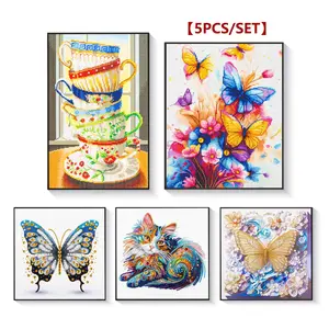 5PCS/Set 5D Diamond Painting Kit Butterfly Animal Landscape Round Drill Diamond Dots Gem Art Crafts with Tools for Adults Beginners Craft Kits for Home Wall Decor&Gift