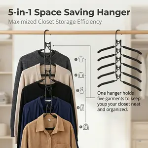 5-in-1 Space Saving Hanger, Multi-Layer Non-Slip Clothes Hanger, Heavy-Duty Metal Wardrobe Organizer, Vertical Closet Storage Rack for Shirts, Dresses & Pants, Maximizes Closet Space for Neat Home Organization