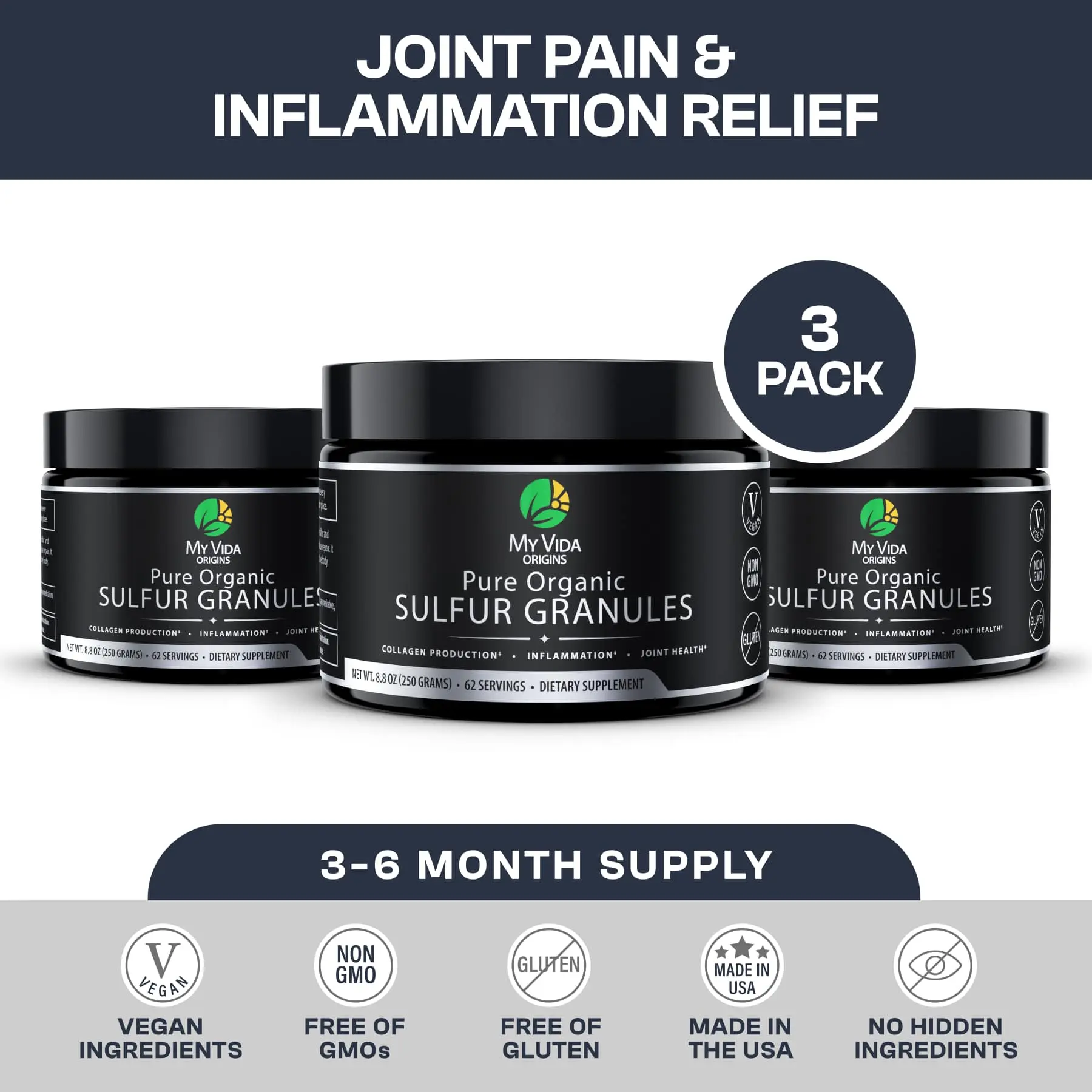 My Vida Origins Pure Organic Sulfur | 99% Pure MSM Granules for Joint Pain, Inflammation, Energy, Hair, Skin, and Nail Health | Non-GMO, Vegan, Gluten Free (62 Servings) 3-6 Month Supply