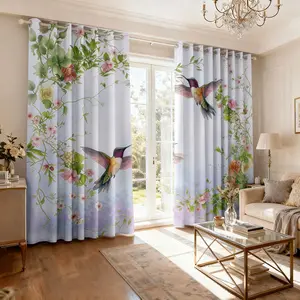 Romantic Spring Floral Blackout Curtains 84 inch Long for Living Room Mid Century Style Hummingbird Design Patterned Room Darkening Privacy Drapes Grommet Bedroom Dining Room-2panels