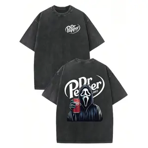 Dr. Pepper Ghost Face Horror Unisex Double-Sided T-Shirt, Washed Wax-Dyed Vintage Thick Cotton, Loose Fit, Round Neck, Short Sleeves, Suitable for Couples, Summer Streetwear