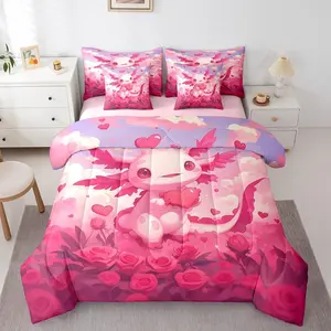 Feelyou 7-Pieces Axolotl Bedding Set - Pink Rose Flowers Wildlife Comforter Set, Bed-in-A-Bag with Comforter Twin Size for Kids