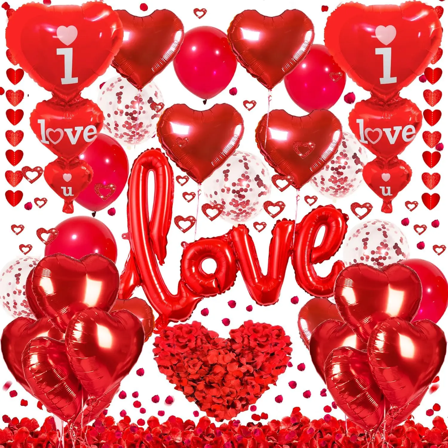 Fall Halloween Gift Decoration Set: 'I Love You' Balloons Heart Balloons Red Petals Heart Pendants Garland & Red Balloons for Party  & Anniversary