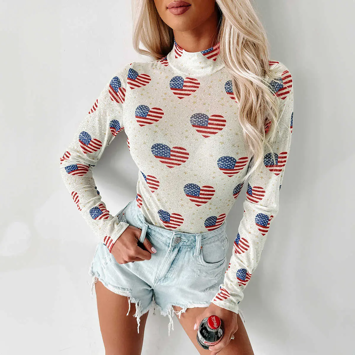 White Americana Glitter Mesh Long Sleeve Bodysuit