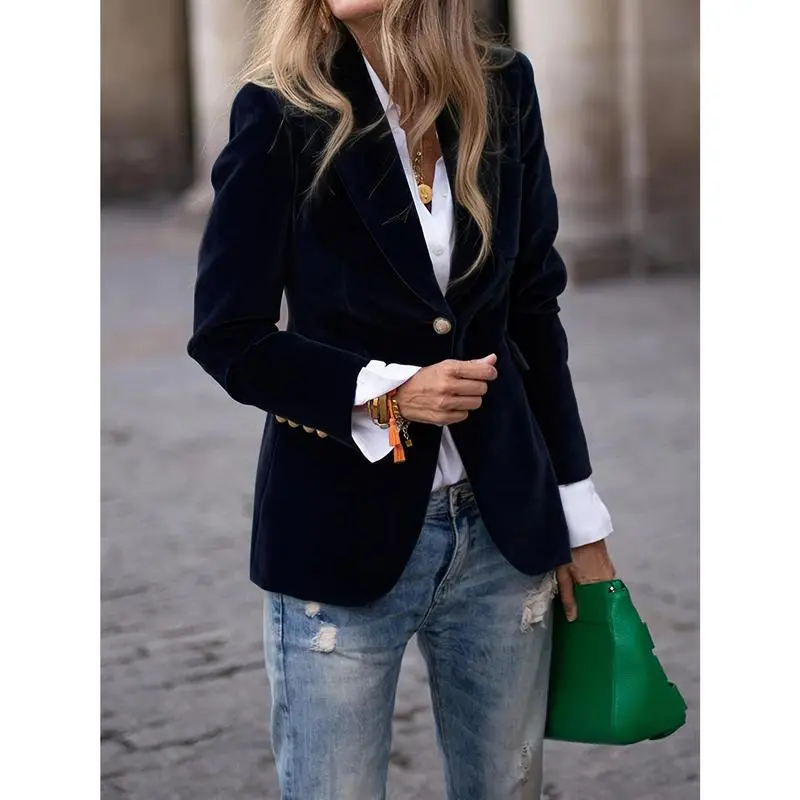 Elegant Elegant Women's Green Velvet Blazer, Chic Retro Single-Breasted Jacket with Golden Buttons and Long Sleeves for All Seasons, Stretchy, Year Round, Breathable, Comfy, Coat Fit, Effortless Style