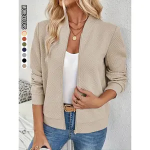 Women's Solid Textured Zip Up Jacket, Casual Long Sleeve Outerwear for Spring & Fall, Ladies Clothes for Daily Wear, Womenswear, Coats
