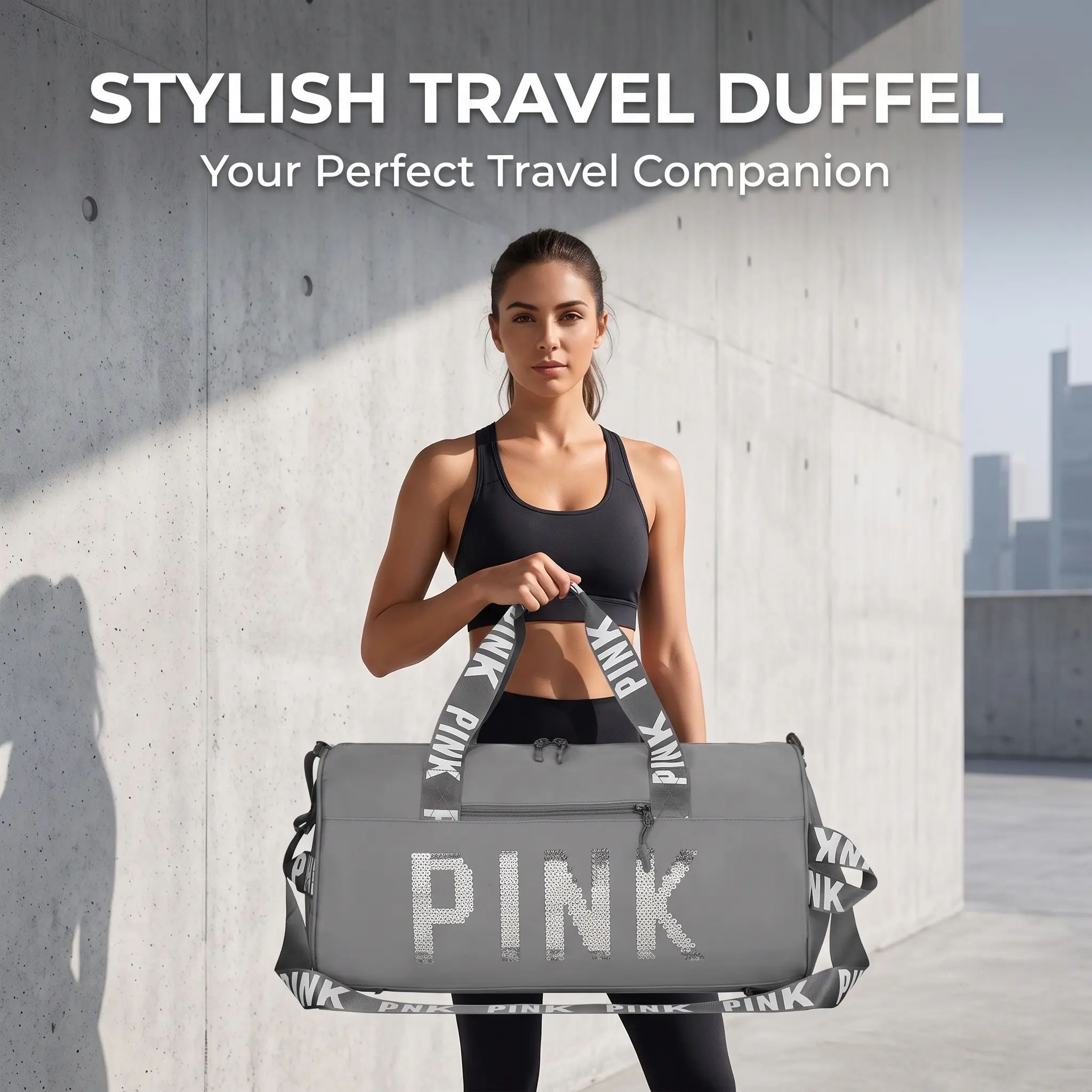 Gray Letter Print Duffel Bag, Lightweight Waterproof Gym Bag with Separate Shoe Compartment, Dry Wet Separation Sports Travel Shoulder Bag for Yoga Swimming Weekend Trip