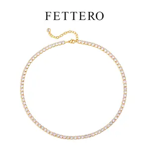 Fettero  Gold Plated Tennis Choker Necklace for Women - 4mm Cubic Zirconia Square Crystal Choker Adjustable Chain Jewelry