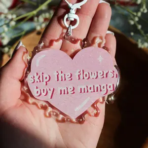Buy me manga Acrylic Keychain | Glitter Epoxy Front | White Heart Clasp | 3" x 3"