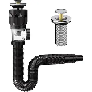 Upgraded 2 in 1 Bathroom Sink Drain Kit with Flexible P-Trap, Suitable for 1-1/4'' or 1-1/2'' PVC Drain Pipe, Pop Up Drain with Anti-clogging Sink Stopper, Ten Minutes Easily Installation Metal Stainless