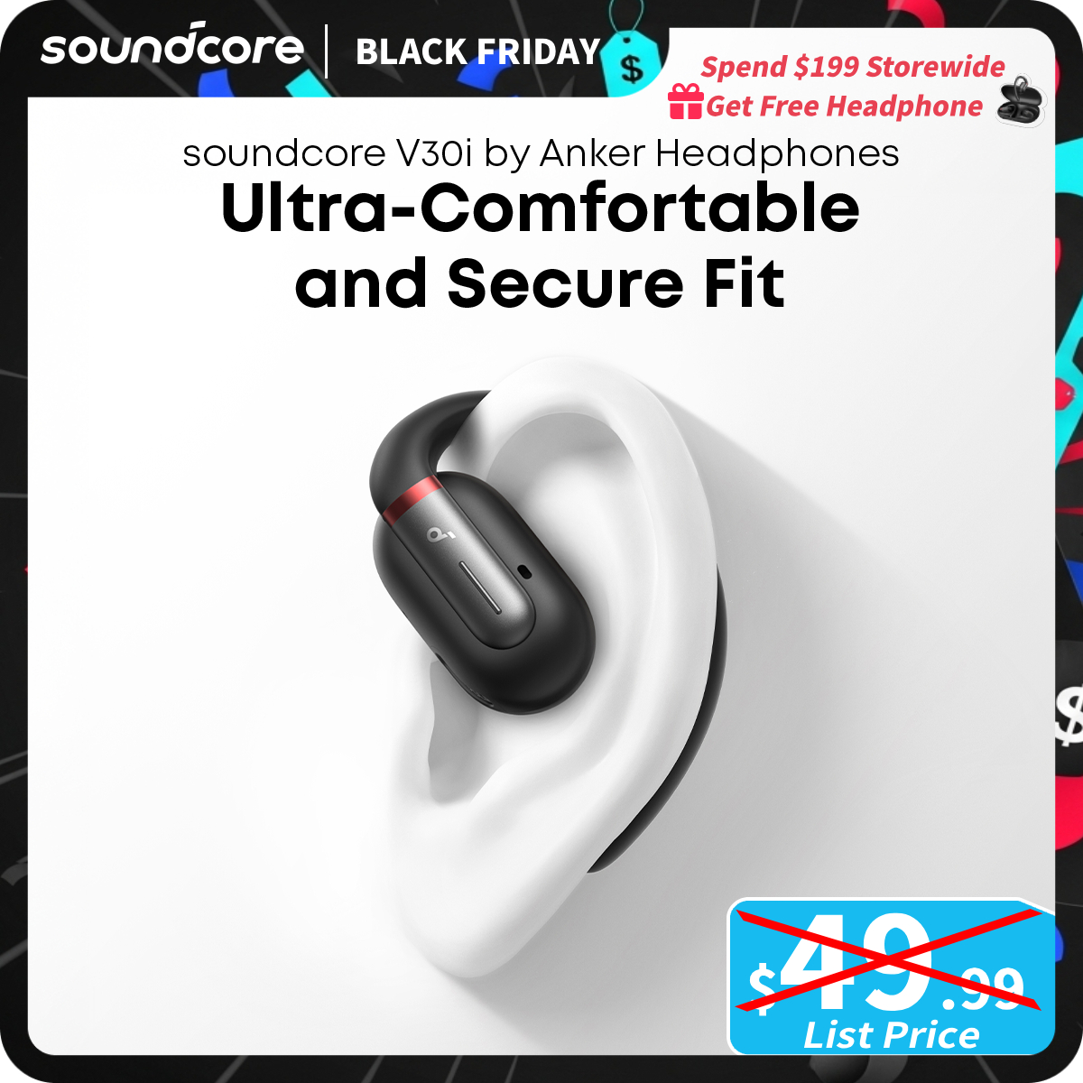 [TikTokShopBlackFriday] soundcore by Anker V30i, Open-Ear Headphones, Ultra-Comfort, Lightweight Design, Snug Fit, Ergonomic Ear Hooks, Robust Bass, 3