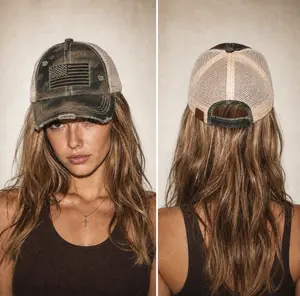 C.C Camo USA Flag Baseball Cap for Women Distressed Patriotic
