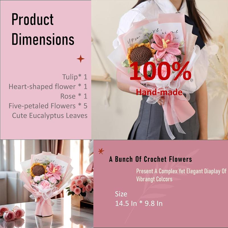 Crochet , Crochet Flower Bouquet, Crochet Sunflower,  Roses Handmade Knitted , Carnation, Preserved Flower for Mother's Day, Valentine's Day, Birthday, Graduation (Pink)