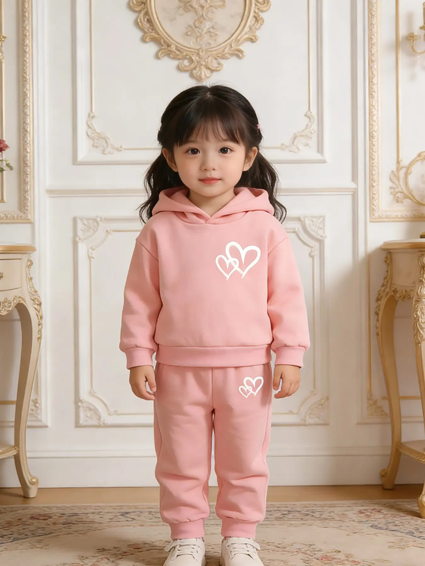 Spring Autumn Baby Girl Heart Print Cozy Fleece Hoodie and Pants Set, Cute Two-Piece Outfit, Toddler Girls' Clothing, Baby Clothes Girl, Toddler Style