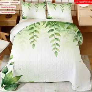 3pcs, 2D flat print Watercolor Green Leaf Pattern Bed Cover Set, Nature Botanical Theme, Multiple Sizes Available, Bedding Set, Festive Decorative Bedding, Ideal for Bedroom Décor(1 bedspread , 2 pillowcase)