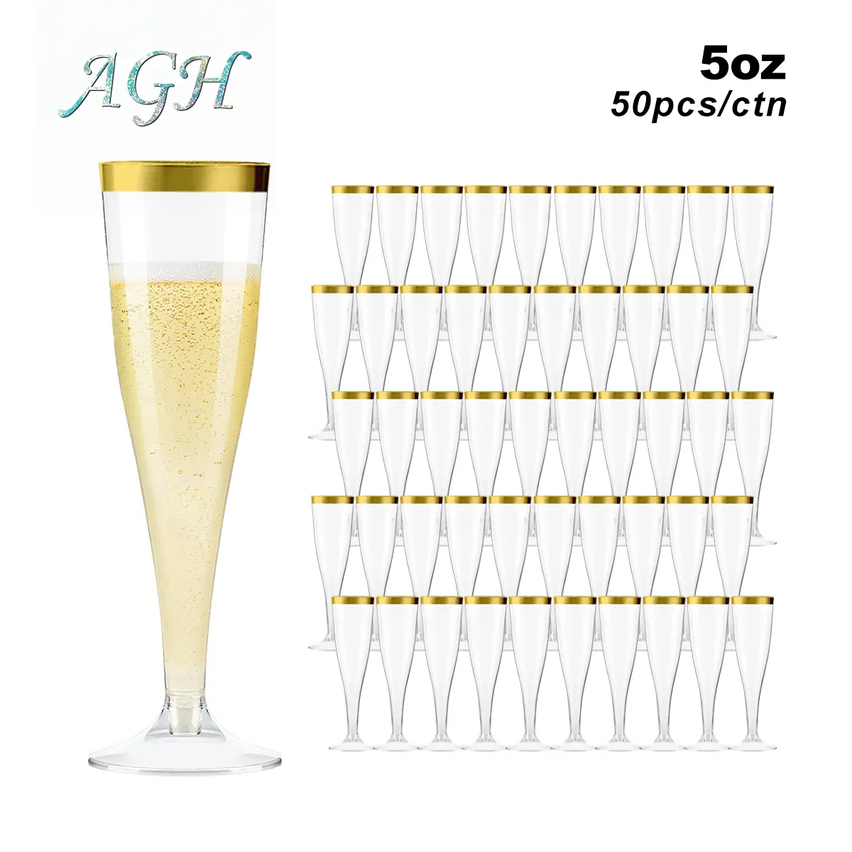 AGH 50 Pack 5 oz Clear Plastic Champagne Flutes with Gold Rim, Disposable Toasting Glasses Ideal for Champagne, Cocktails, Wine, Tequila & Mimosa Bars, Perfect for Weddings, Engagements, Parties & Celebrations